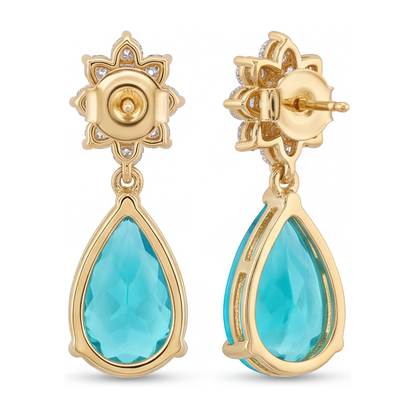 Paraiba Tourmaline Earrings 5 Carat Lab Grown Pear Cluster Leverback 14K Yellow Gold