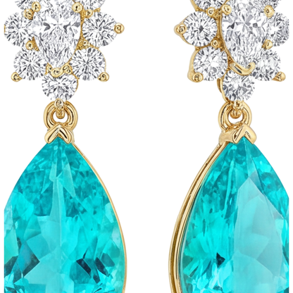 Paraiba Tourmaline Earrings 5 Carat Lab Grown Pear Cluster Leverback 14K Yellow Gold