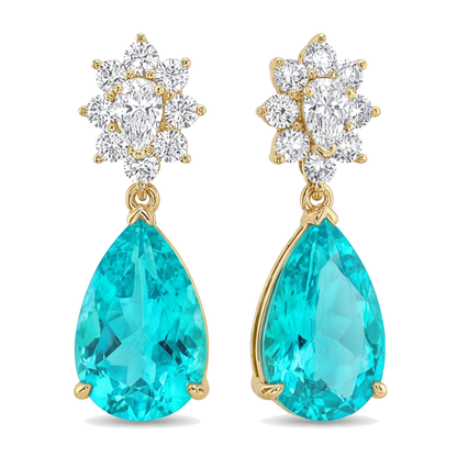 Paraiba Tourmaline Earrings 5 Carat Lab Grown Pear Cluster Leverback 14K Yellow Gold