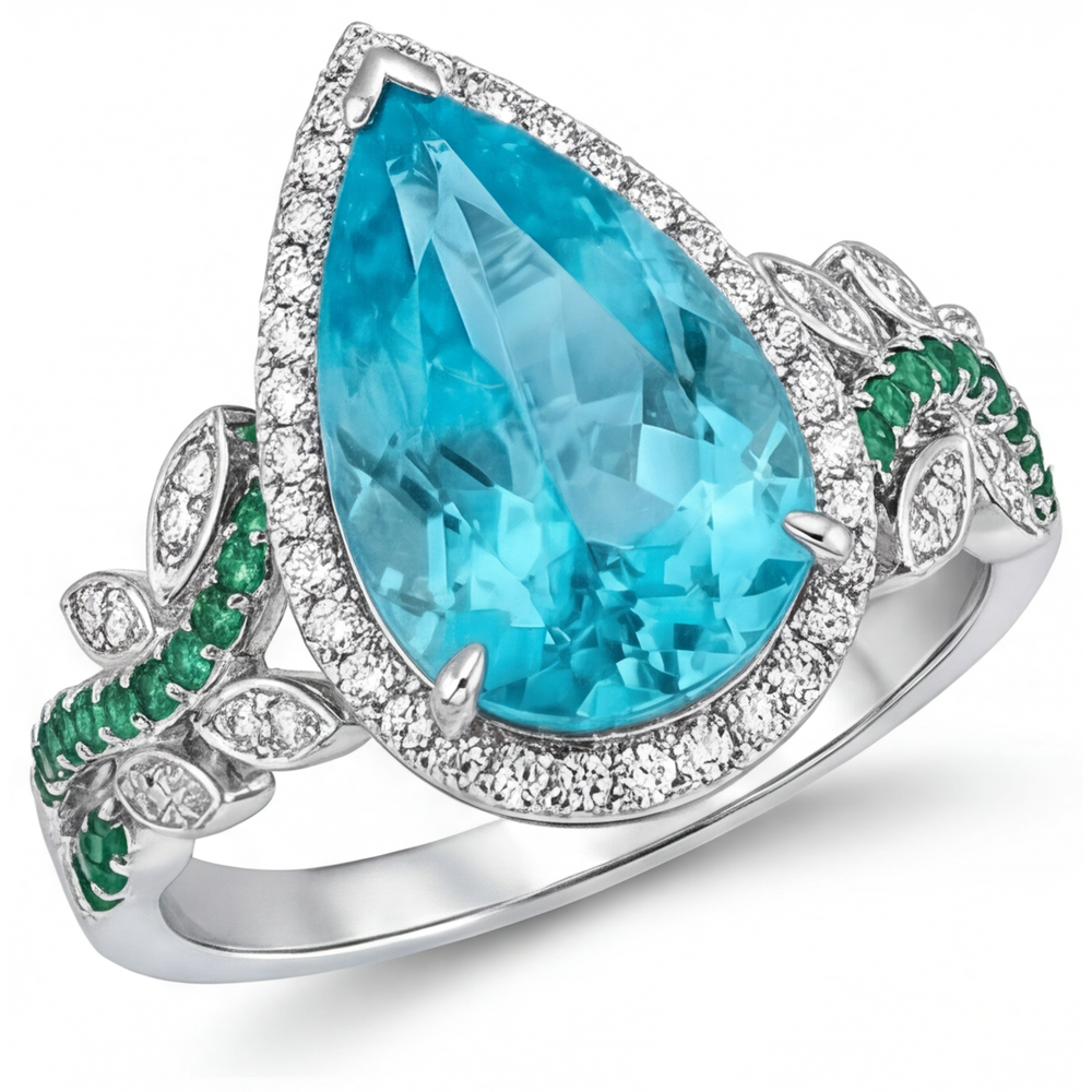 Pear Cut Paraiba Tourmaline ring in 14K White Gold – front view