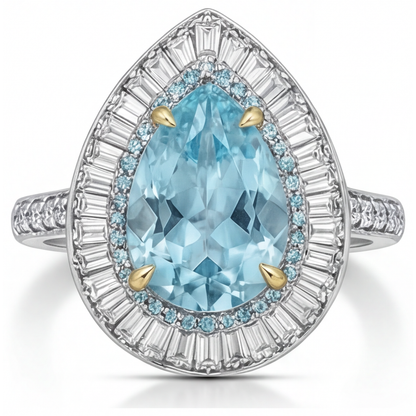 Paraiba Tourmaline Pear Cut Halo Ring in 14K Two Tone Gold – front view