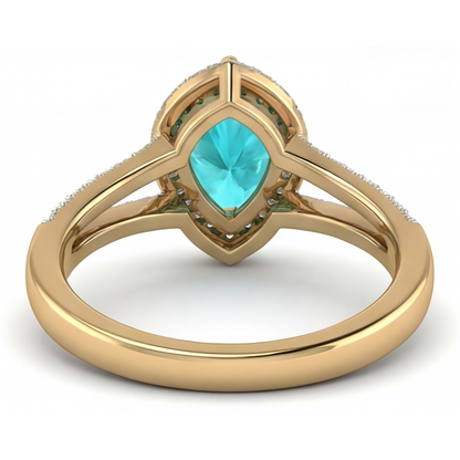 Pear Cut Paraiba Tourmaline ring in 14 Karat Two Tone Gold – back view