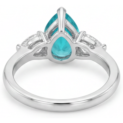 Paraiba Tourmaline Pear Cut Three Stone Ring in 14K White Gold – top view