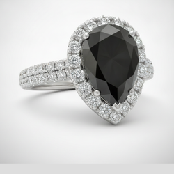Pear Black Diamond and White Diamond Halo Ring Natural 14K White Gold