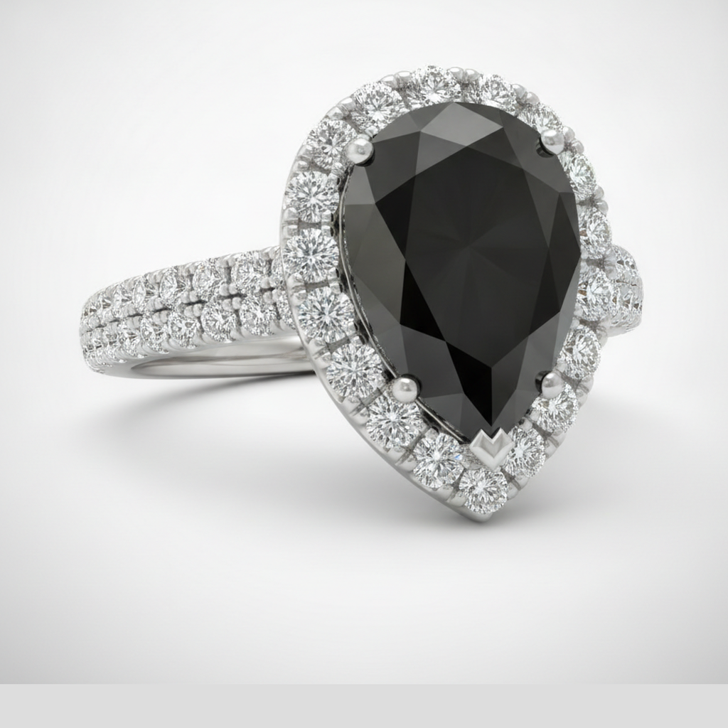 Pear Black Diamond and White Diamond Halo Ring Natural 14K White Gold