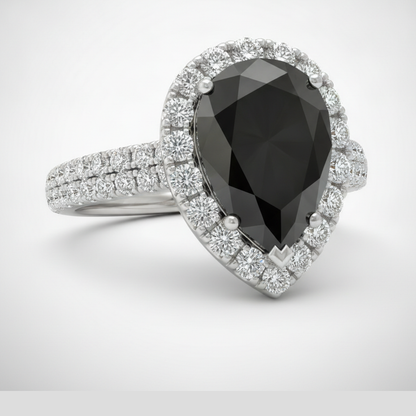 Pear Black Diamond and White Diamond Halo Ring Natural 14K White Gold