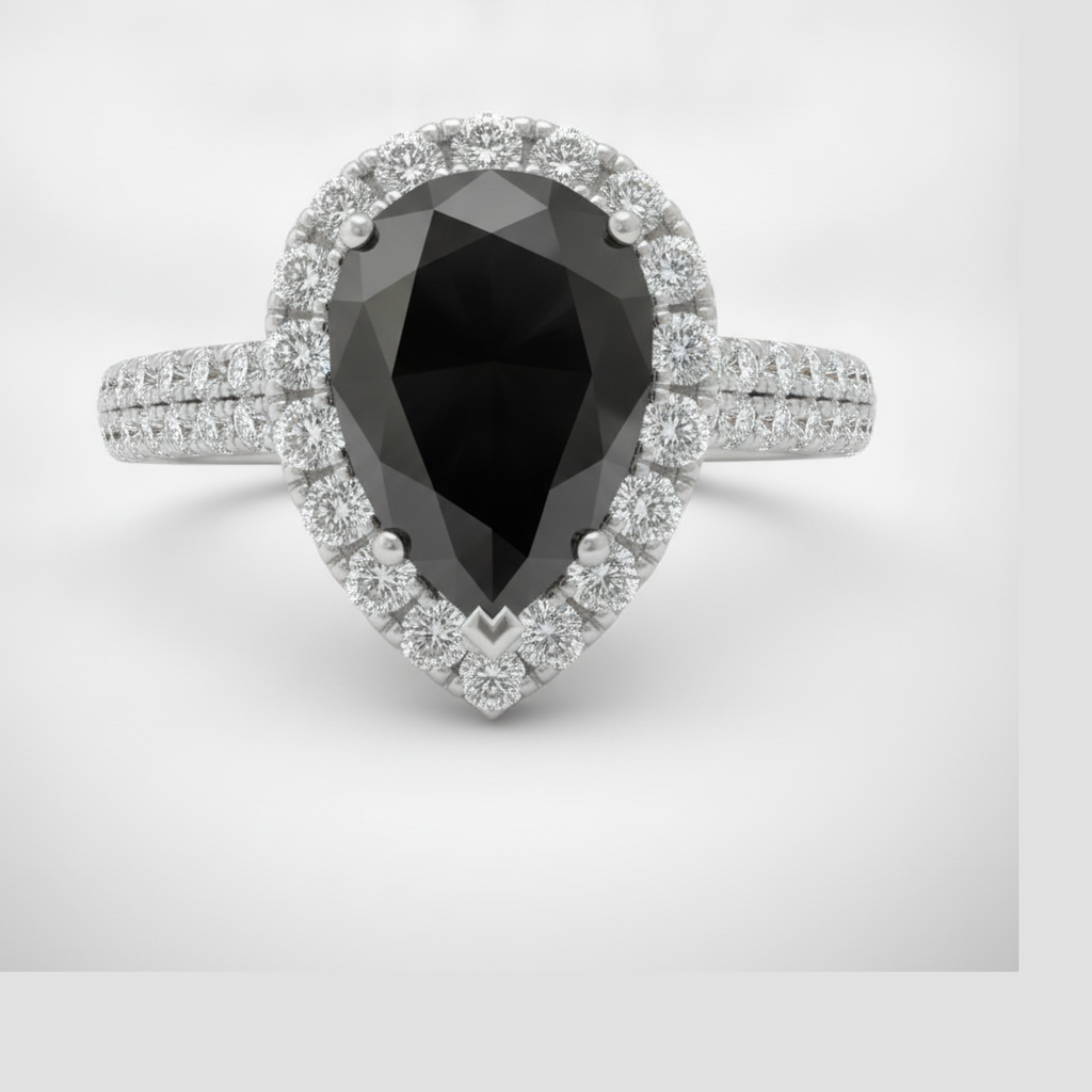Pear Black Diamond and White Diamond Halo Ring Natural 14K White Gold