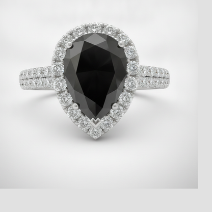 Pear Black Diamond and White Diamond Halo Ring Natural 14K White Gold