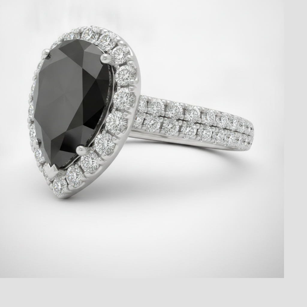 Pear Black Diamond and White Diamond Halo Ring Natural 14K White Gold