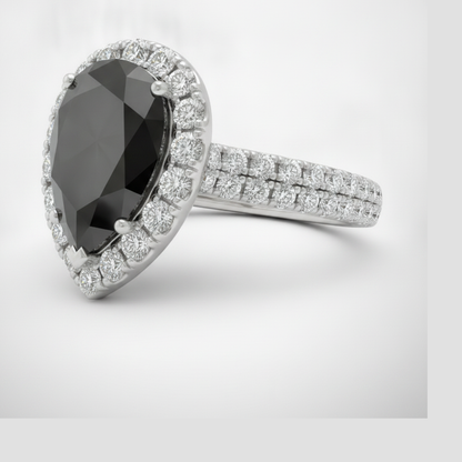 Pear Black Diamond and White Diamond Halo Ring Natural 14K White Gold