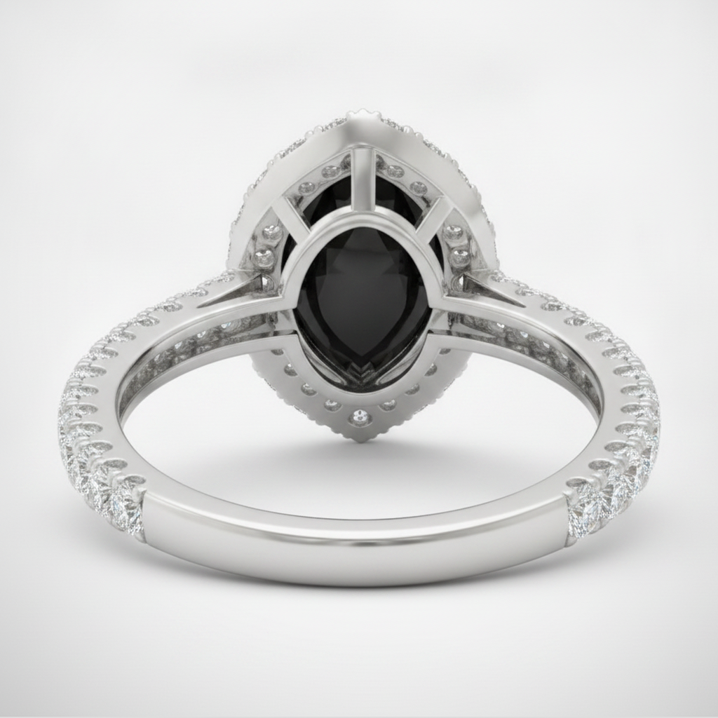 Pear Black Diamond and White Diamond Halo Ring Natural 14K White Gold