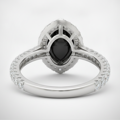 Pear Black Diamond and White Diamond Halo Ring Natural 14K White Gold