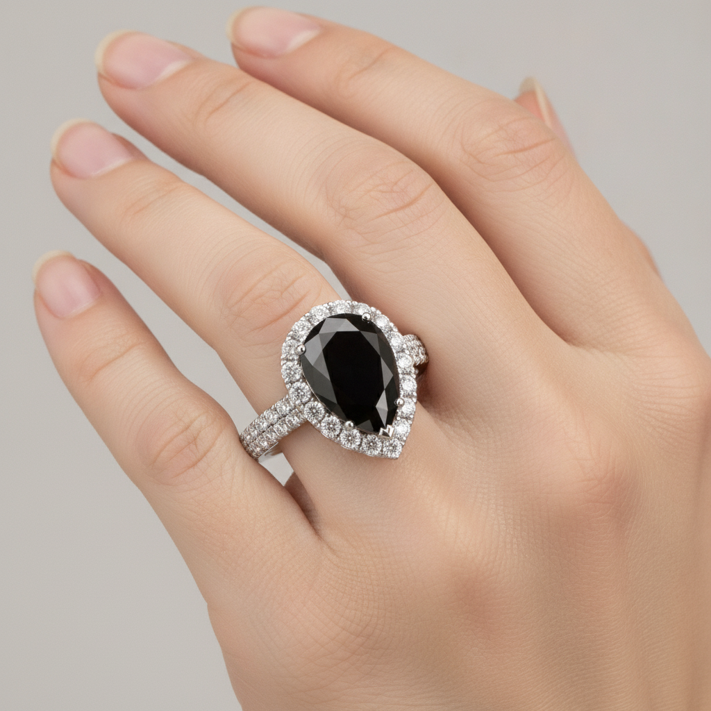 Pear Black Diamond and White Diamond Halo Ring Natural 14K White Gold