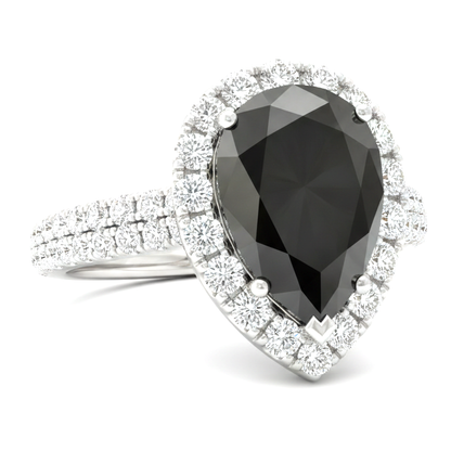 Pear Black Diamond and White Diamond Halo Ring Natural 14K White Gold