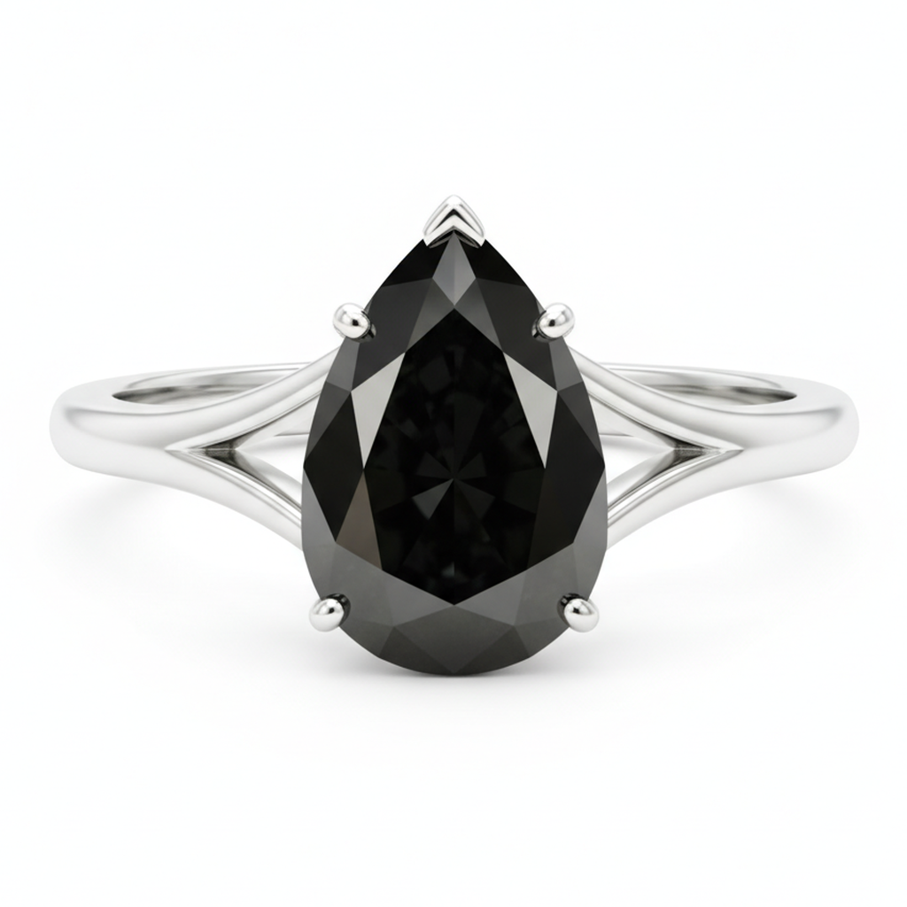 Pear Black Diamond Cathedral Solitaire Ring Natural 14K White Gold