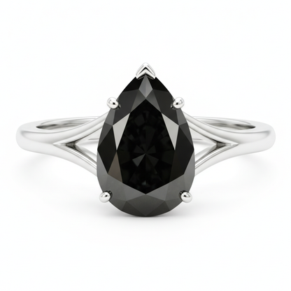 Pear Black Diamond Cathedral Solitaire Ring Natural 14K White Gold