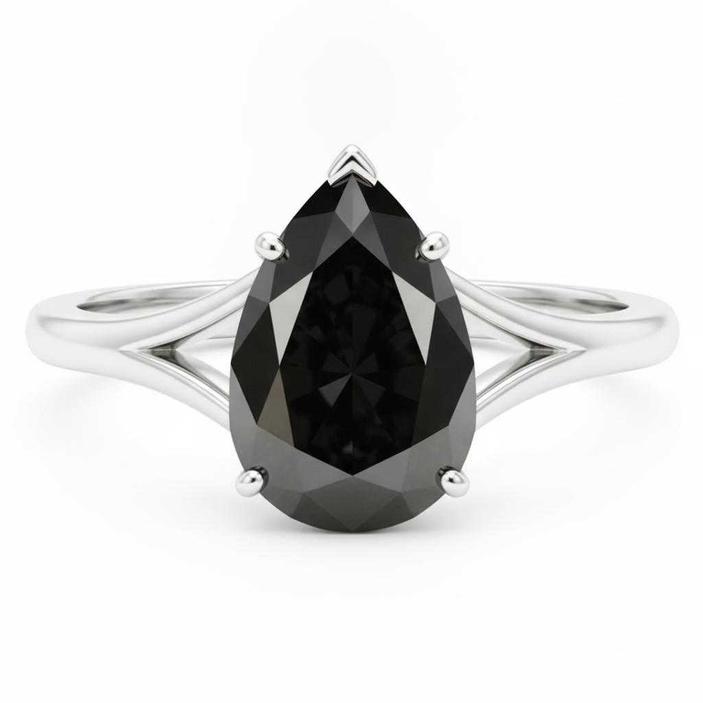 Pear Black Diamond Cathedral Solitaire Ring Natural 14K White Gold