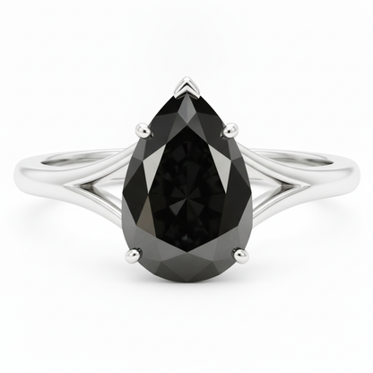Pear Black Diamond Cathedral Solitaire Ring Natural 14K White Gold