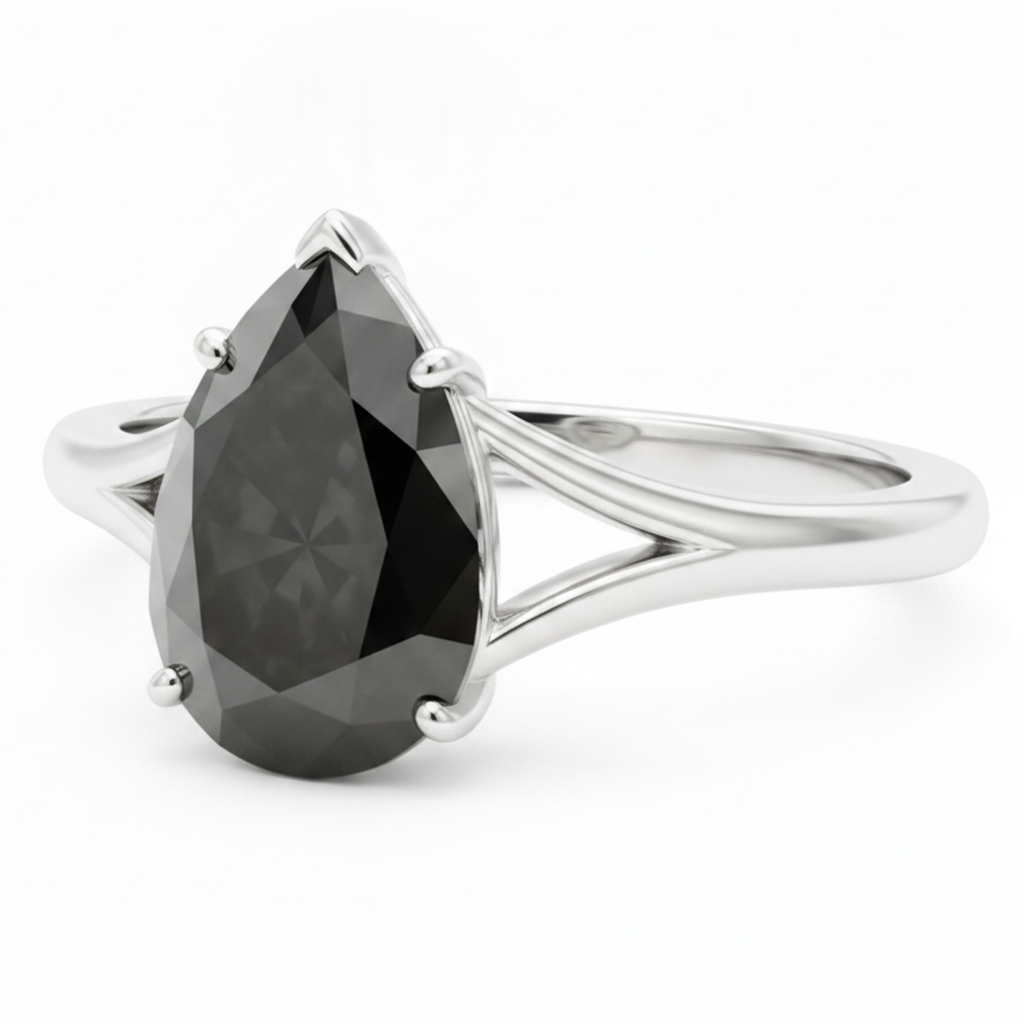Pear Black Diamond Cathedral Solitaire Ring Natural 14K White Gold