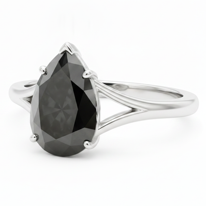 Pear Black Diamond Cathedral Solitaire Ring Natural 14K White Gold