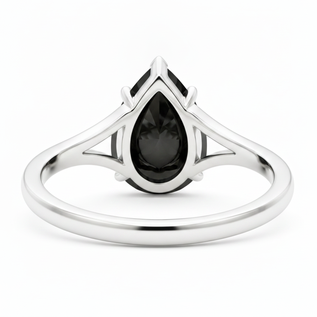 Pear Black Diamond Cathedral Solitaire Ring Natural 14K White Gold