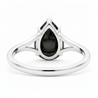 Pear Black Diamond Cathedral Solitaire Ring Natural 14K White Gold