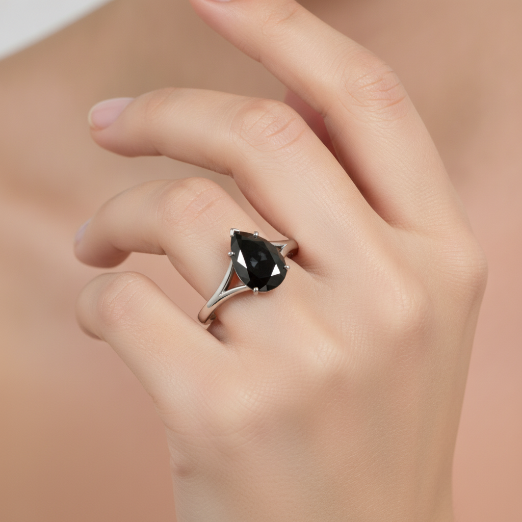 Pear Black Diamond Cathedral Solitaire Ring Natural 14K White Gold