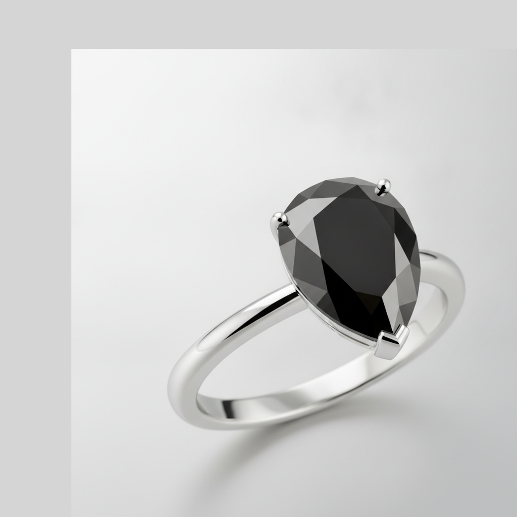 Pear Black Diamond Solitaire Ring Natural 14K White Gold