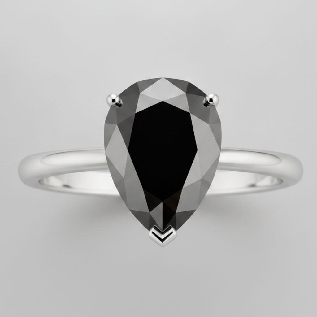 Pear Black Diamond Solitaire Ring Natural 14K White Gold