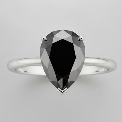 Pear Black Diamond Solitaire Ring Natural 14K White Gold
