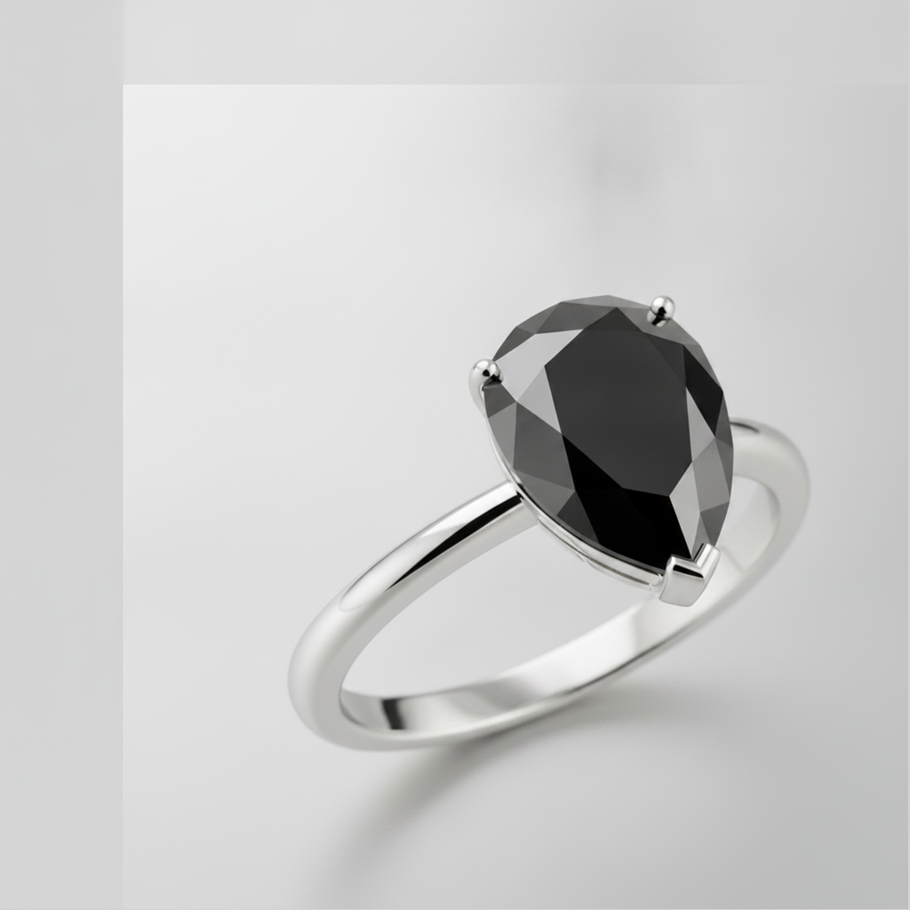 Pear Black Diamond Solitaire Ring Natural 14K White Gold