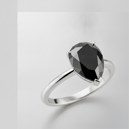 Pear Black Diamond Solitaire Ring Natural 14K White Gold