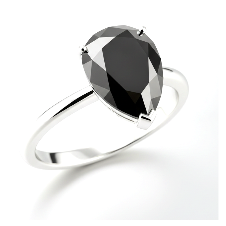 Pear Black Diamond Solitaire Ring Natural 14K White Gold