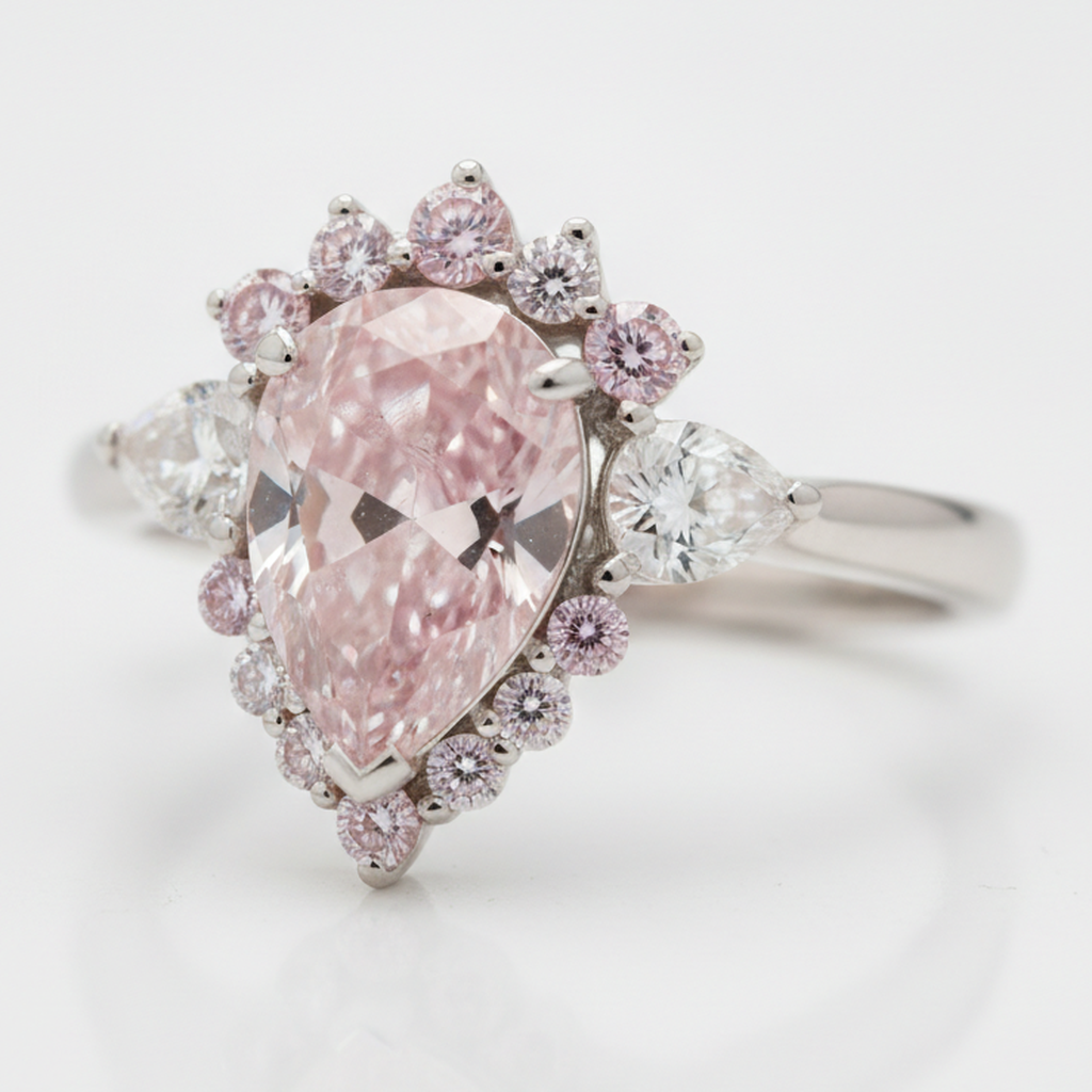 Pear Fancy Pink Diamond Semi Halo Ring Natural Platinum