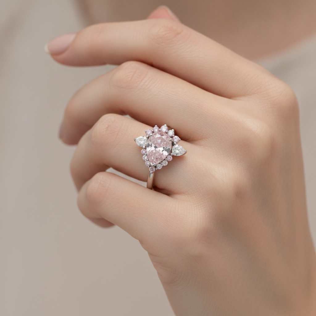 Pear Fancy Pink Diamond Semi Halo Ring Natural Platinum
