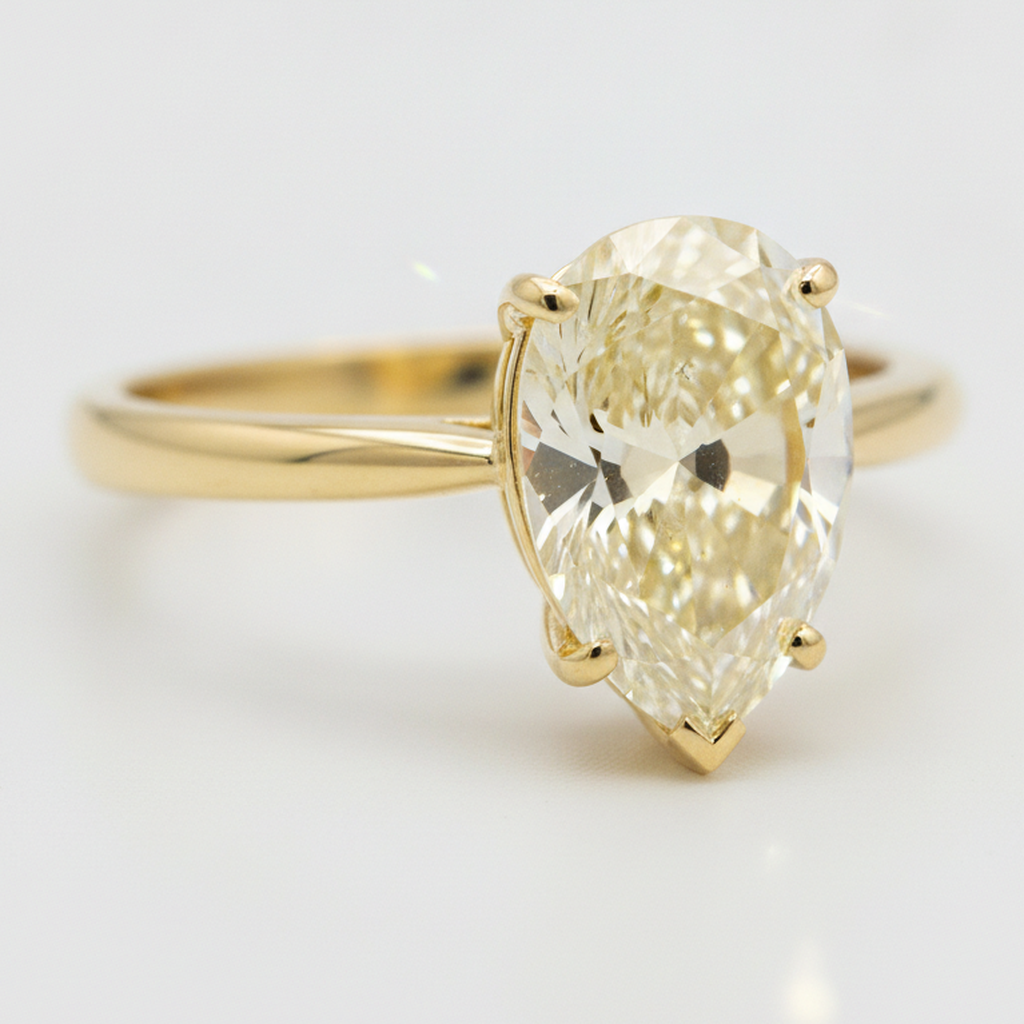 Pear Fancy Yellow Diamond Solitaire Ring Natural 18K Yellow Gold