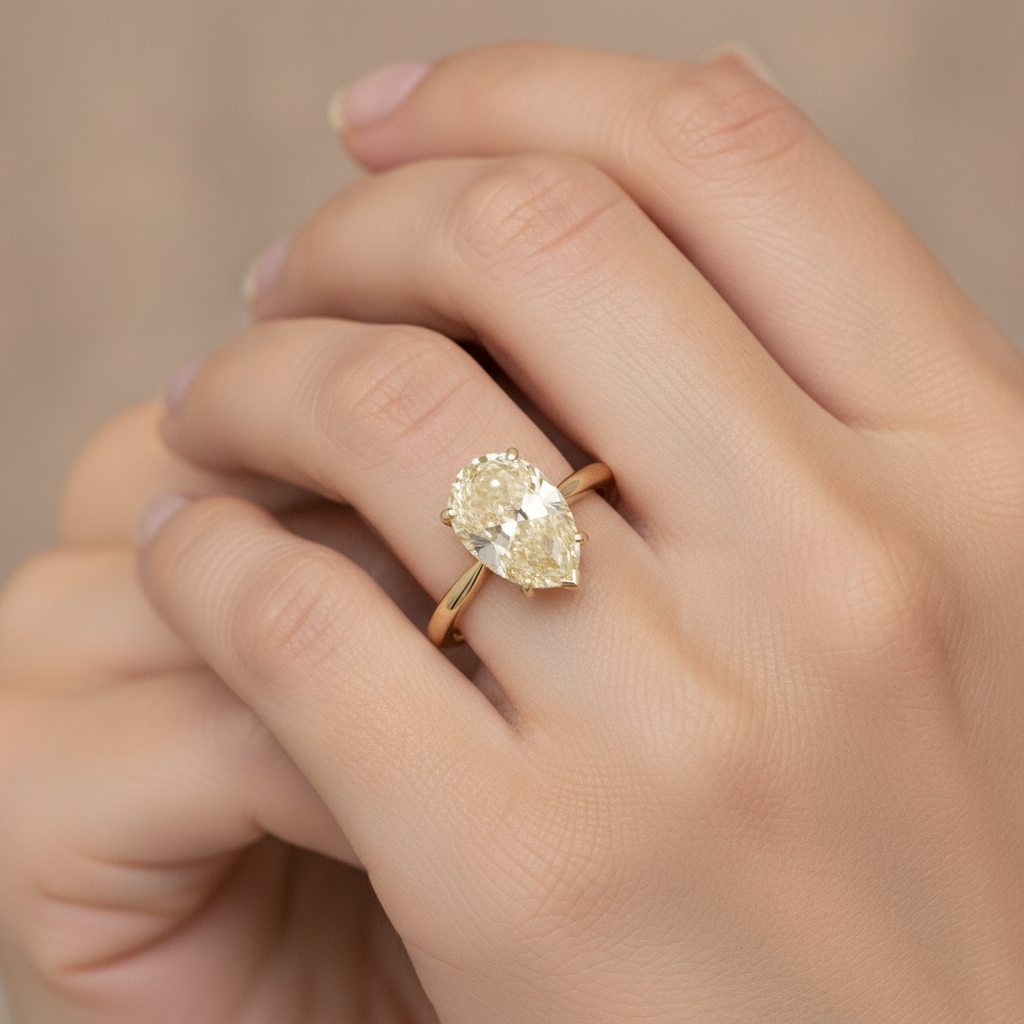 Pear Fancy Yellow Diamond Solitaire Ring Natural 18K Yellow Gold