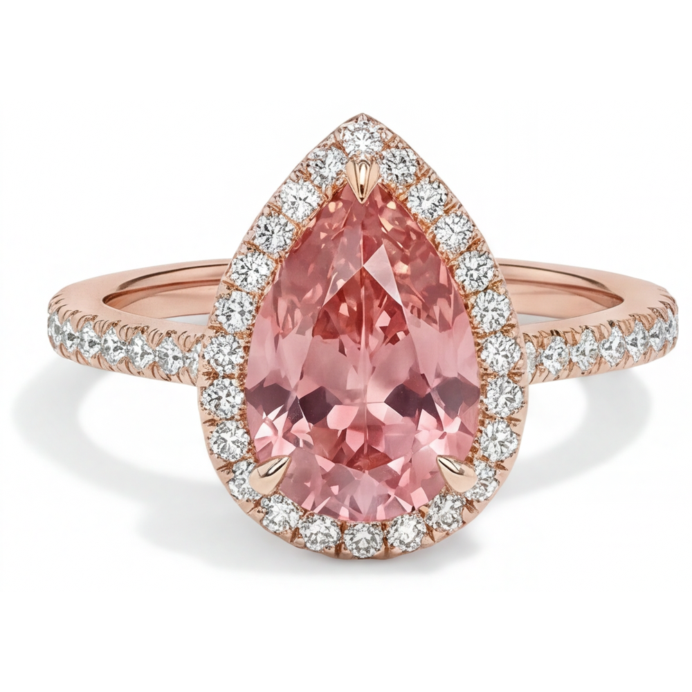 Pear Padparadscha and White Diamond Halo Ring Natural 14K Rose Gold