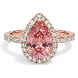 Pear Padparadscha and White Diamond Halo Ring Natural 14K Rose Gold