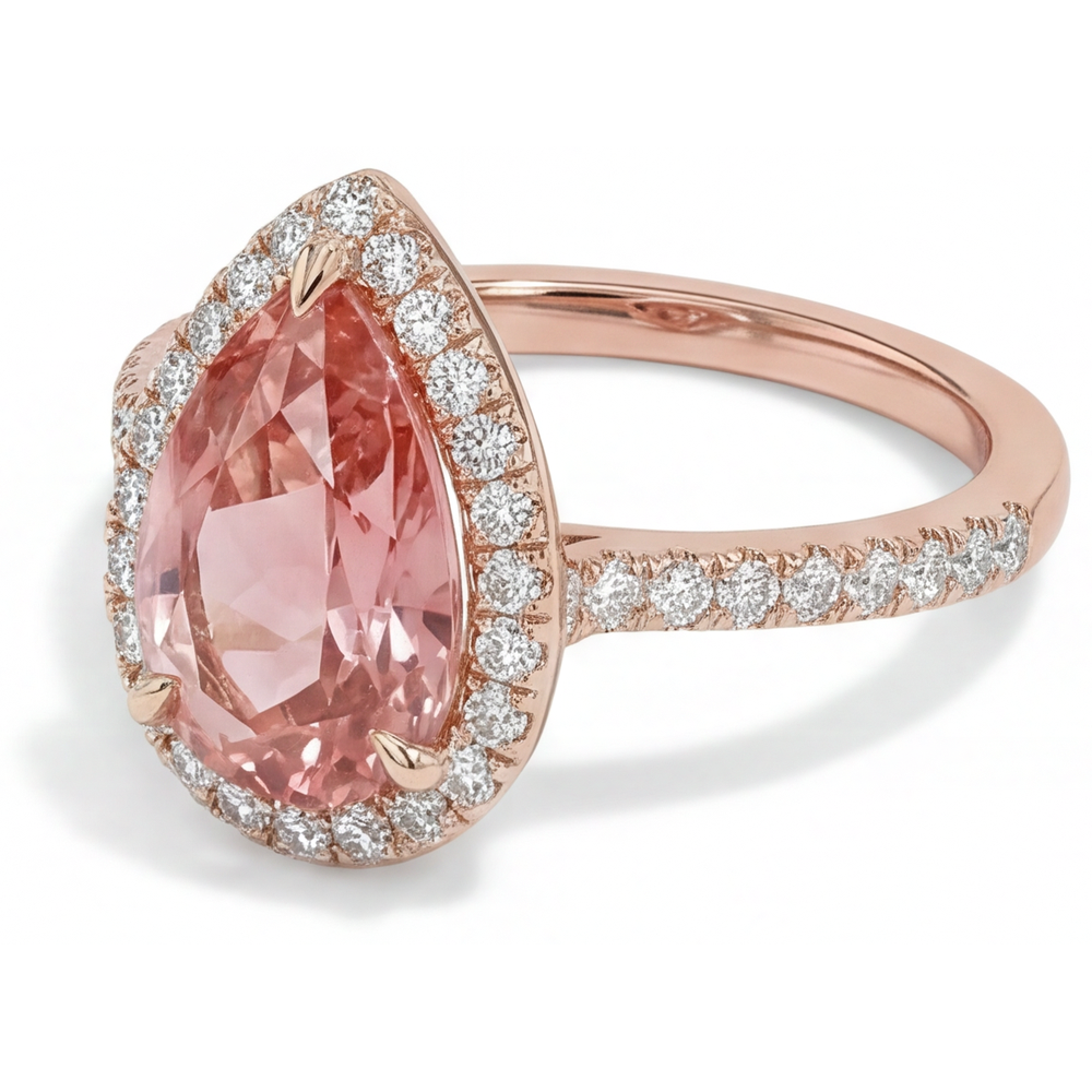 Pear Padparadscha and White Diamond Halo Ring Natural 14K Rose Gold
