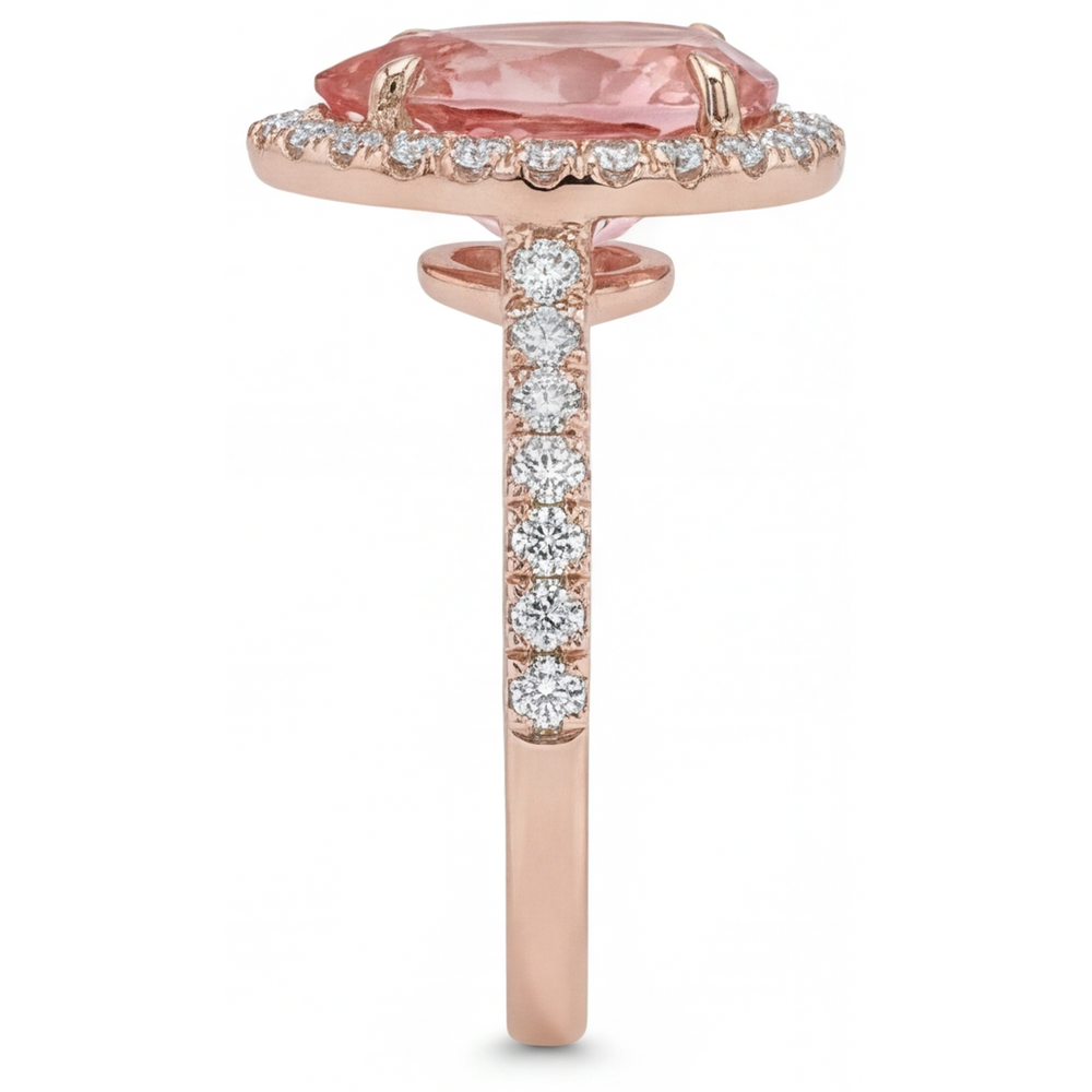 Pear Padparadscha and White Diamond Halo Ring Natural 14K Rose Gold