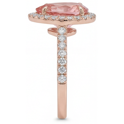 Pear Padparadscha and White Diamond Halo Ring Natural 14K Rose Gold