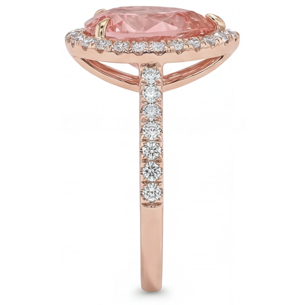 Pear Padparadscha and White Diamond Halo Ring Natural 14K Rose Gold