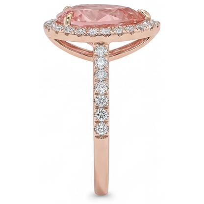 Pear Padparadscha and White Diamond Halo Ring Natural 14K Rose Gold