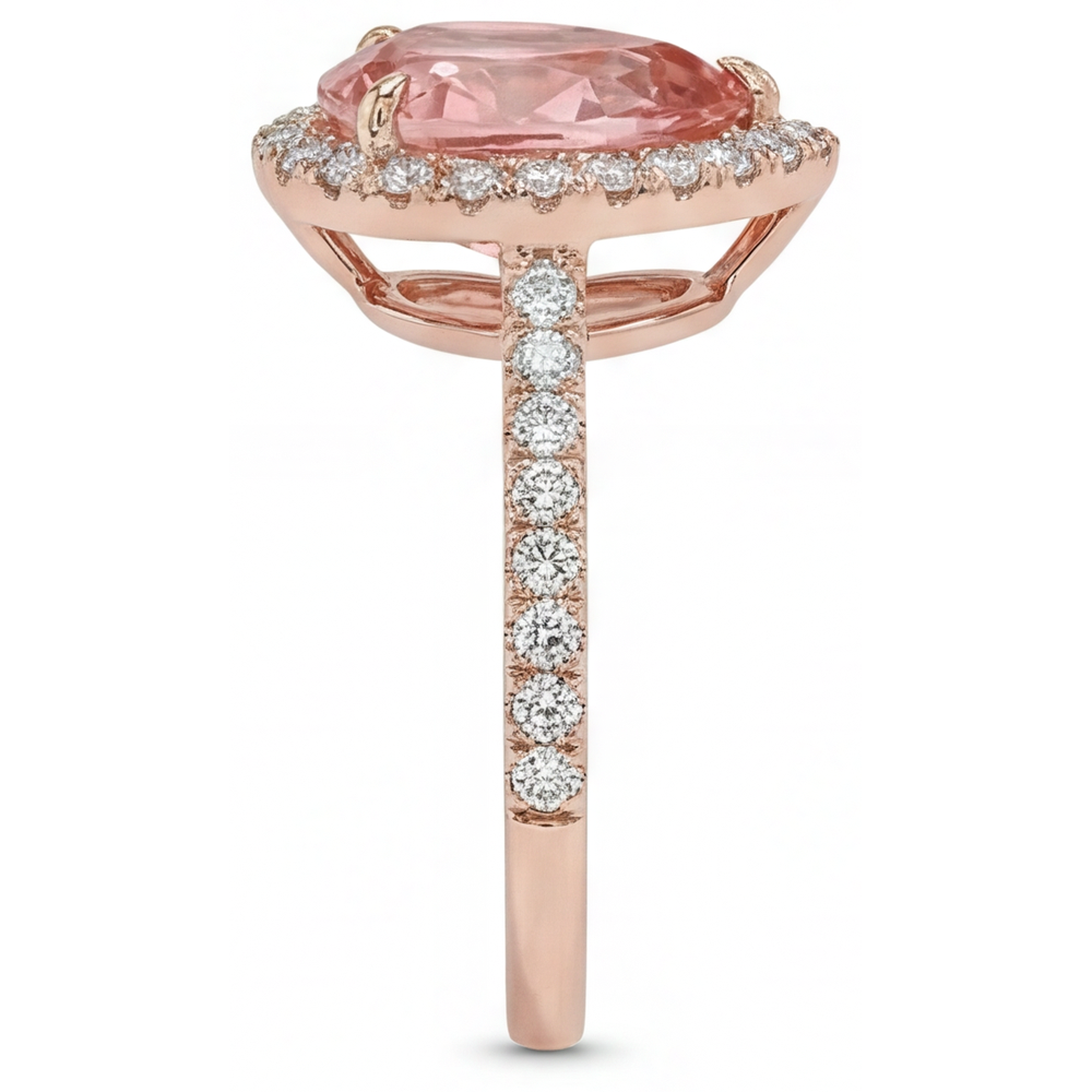 Pear Padparadscha and White Diamond Halo Ring Natural 14K Rose Gold