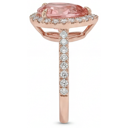 Pear Padparadscha and White Diamond Halo Ring Natural 14K Rose Gold
