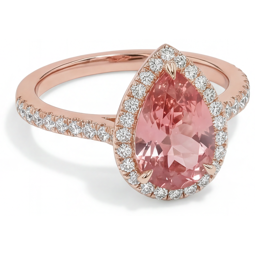 Pear Padparadscha and White Diamond Halo Ring Natural 14K Rose Gold