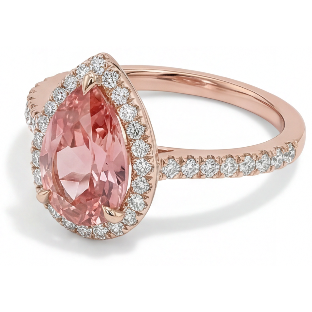 Pear Padparadscha and White Diamond Halo Ring Natural 14K Rose Gold