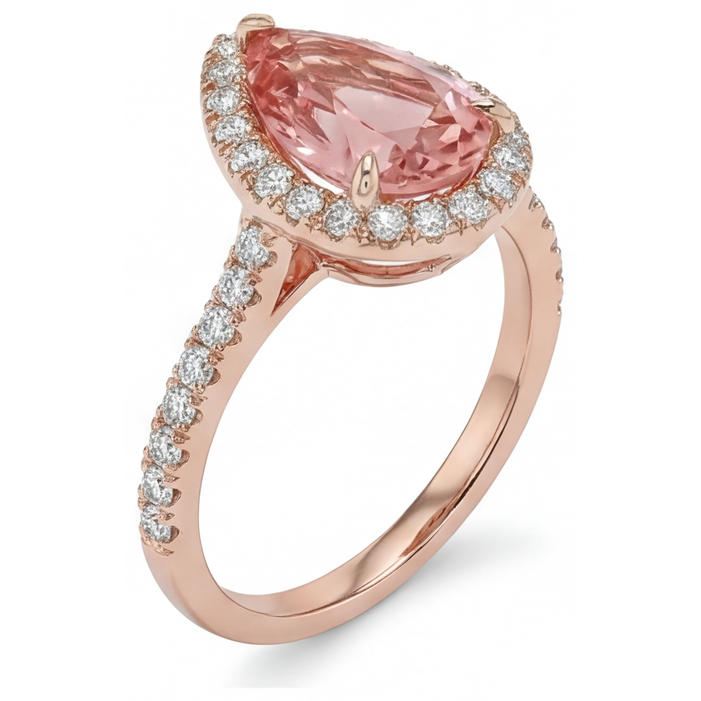 Pear Padparadscha and White Diamond Halo Ring Natural 14K Rose Gold