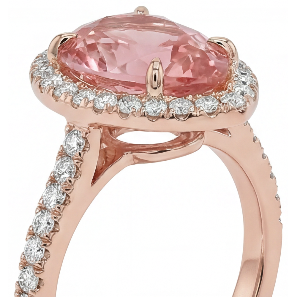 Pear Padparadscha and White Diamond Halo Ring Natural 14K Rose Gold